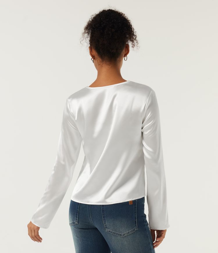 White V Neck Long Sleeve Contrast Lace Resort Blouse / 2