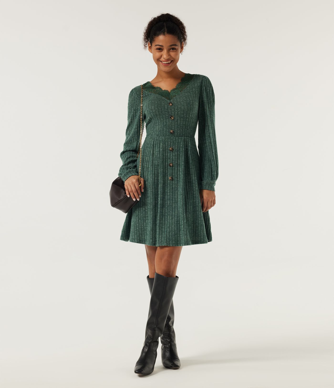 Ribbed Knit V Neck Long Sleeve Contrast Lace Mini Casual  Dress