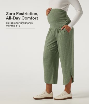 High Waisted Wide Leg Curved Hem Casual Maternity Pants with Pockets