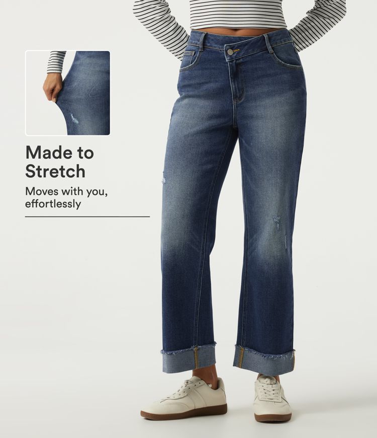 Mid Rise Straight Leg Asymmetric Casual Jeans with Pockets Mid Rise Straight Leg Asymmetric Casual Jeans with Pockets