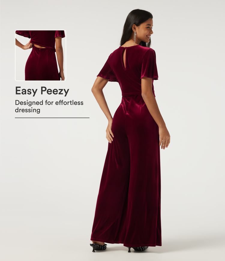 Round Neck Flounce Short Sleeve Keyhole Back Tie Front Velvet Party Jumpsuit with Pockets -Easy Peezy Edition