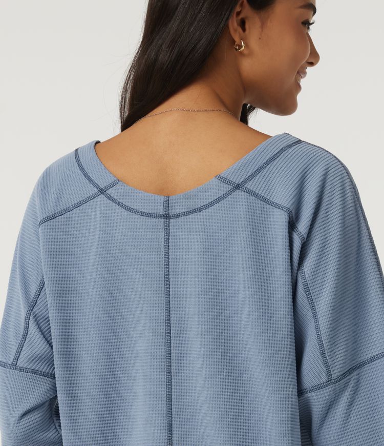 V Neck Long Sleeve Waffle Casual T-Shirt