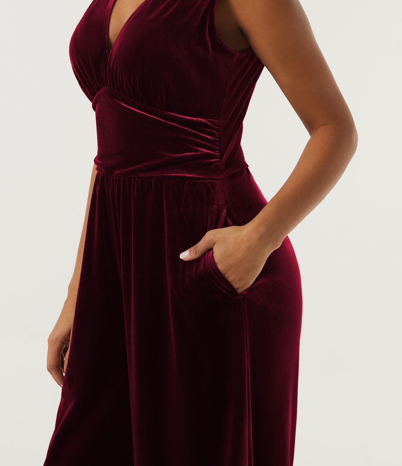 V Neck Ruched Wide Leg Velvet Party Jumpsuit with Built-in Bra and Pockets -Easy Peezy Edition