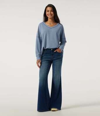 V Neck Long Sleeve Waffle Casual T-Shirt