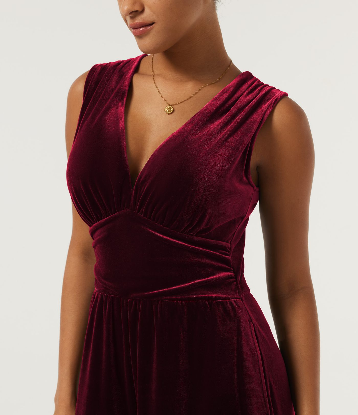 V Neck Ruched Wide Leg Velvet Party Jumpsuit with Built-in Bra and Pockets -Easy Peezy Edition