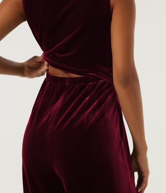 V Neck Ruched Wide Leg Velvet Party Jumpsuit with Built-in Bra and Pockets -Easy Peezy Edition