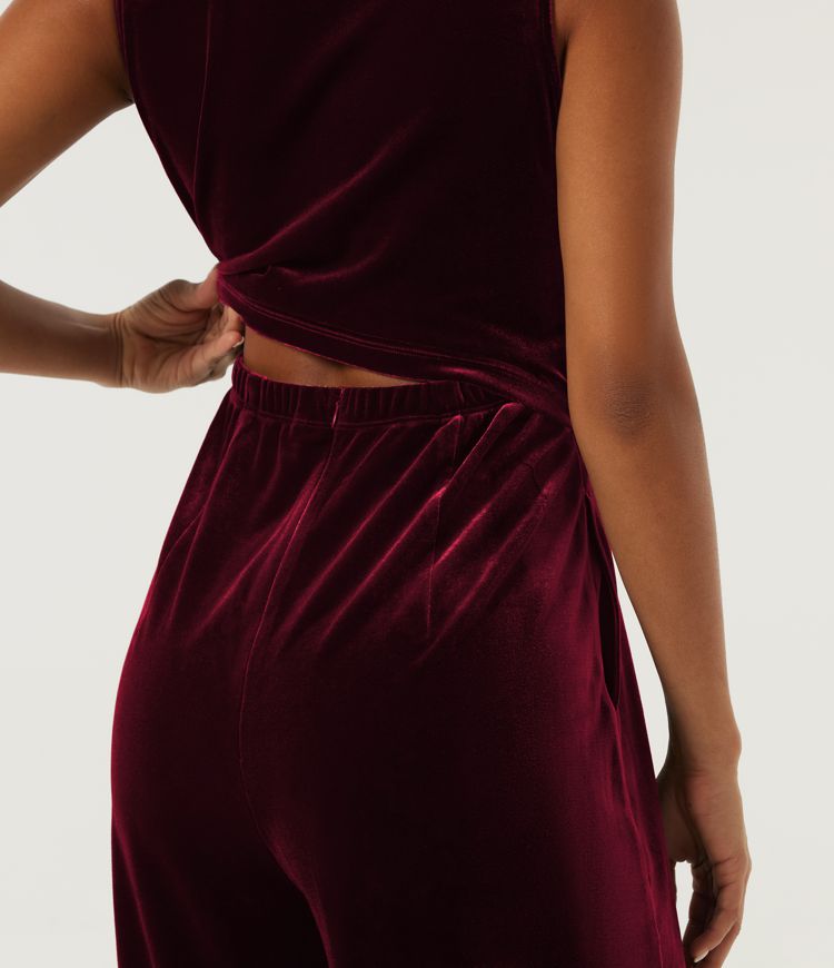 V Neck Ruched Wide Leg Velvet Party Jumpsuit with Built-in Bra and Pockets -Easy Peezy Edition