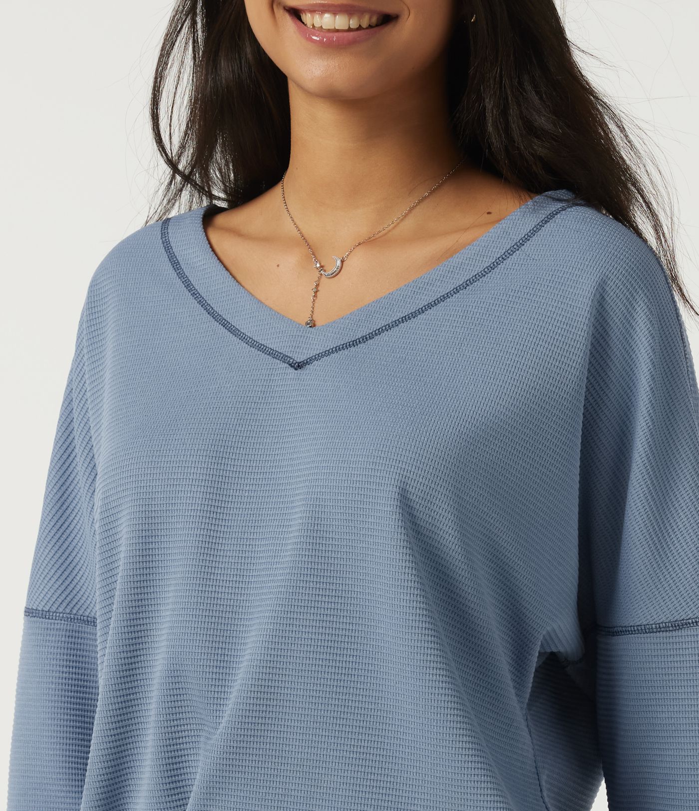 V Neck Long Sleeve Waffle Casual T-Shirt