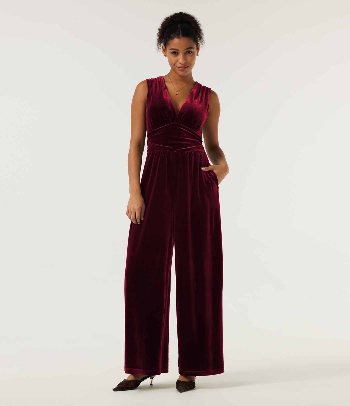 V Neck Ruched Wide Leg Velvet Party Jumpsuit with Built-in Bra and Pockets -Easy Peezy Edition