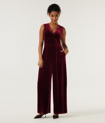V Neck Ruched Wide Leg Velvet Party Jumpsuit with Built-in Bra and Pockets -Easy Peezy Edition