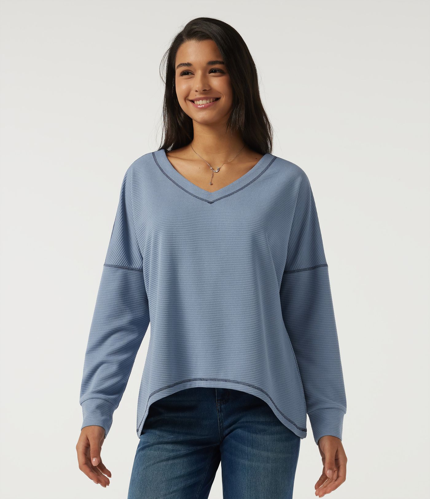 V Neck Long Sleeve Waffle Casual T-Shirt
