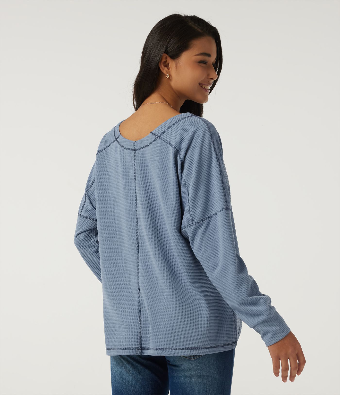 V Neck Long Sleeve Waffle Casual T-Shirt