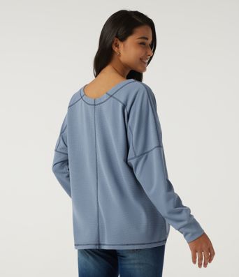 V Neck Long Sleeve Waffle Casual T-Shirt