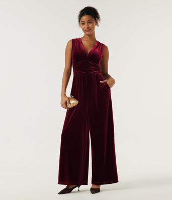 V Neck Ruched Wide Leg Velvet Party Jumpsuit with Built-in Bra and Pockets -Easy Peezy Edition