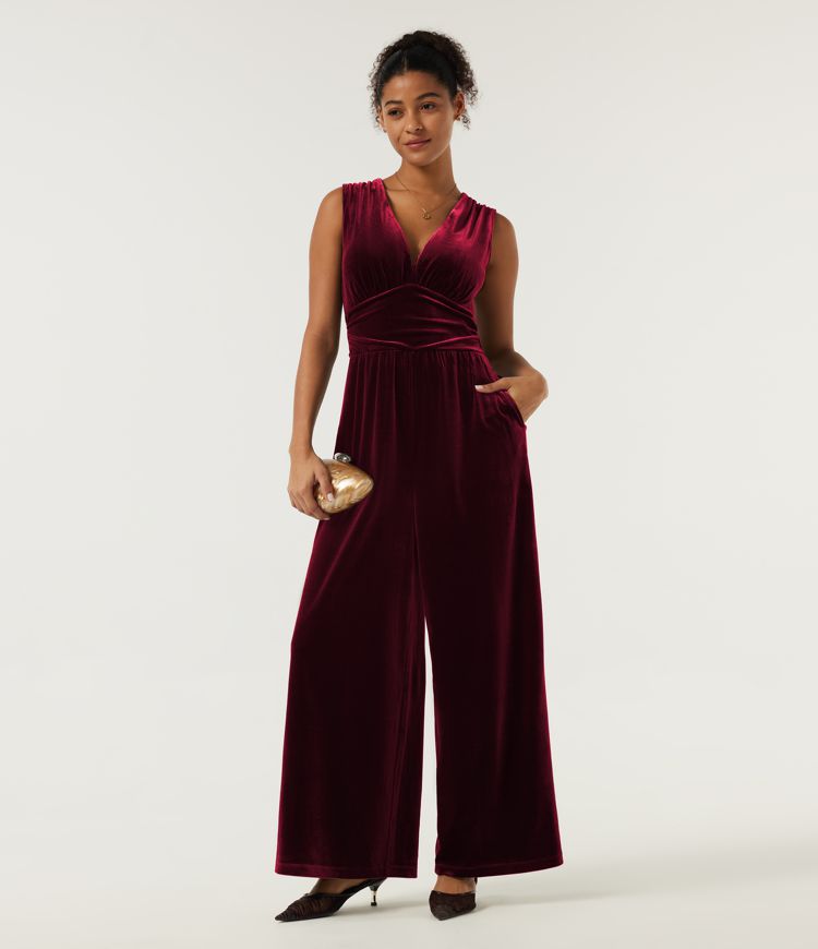 V Neck Ruched Wide Leg Velvet Party Jumpsuit with Built-in Bra and Pockets -Easy Peezy Edition