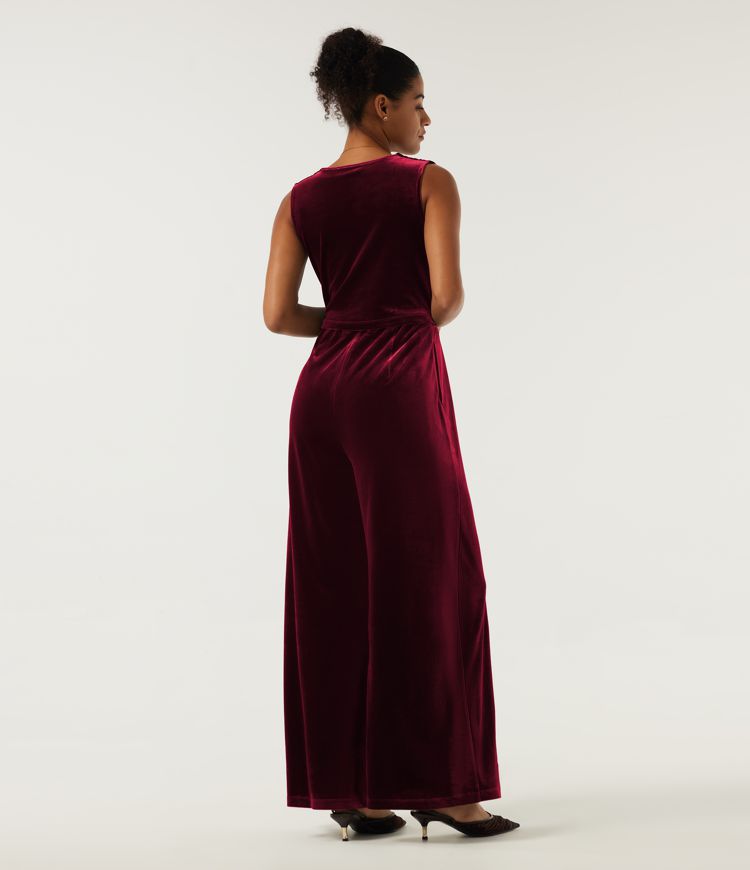 V Neck Ruched Wide Leg Velvet Party Jumpsuit with Built-in Bra and Pockets -Easy Peezy Edition