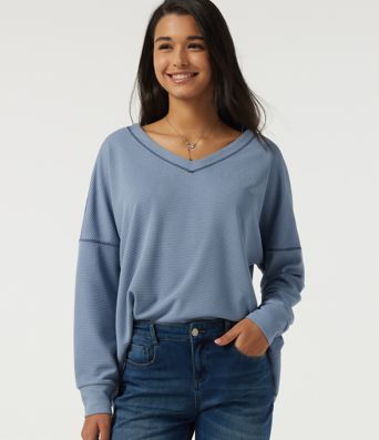V Neck Long Sleeve Waffle Casual T-Shirt