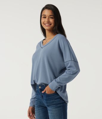V Neck Long Sleeve Waffle Casual T-Shirt