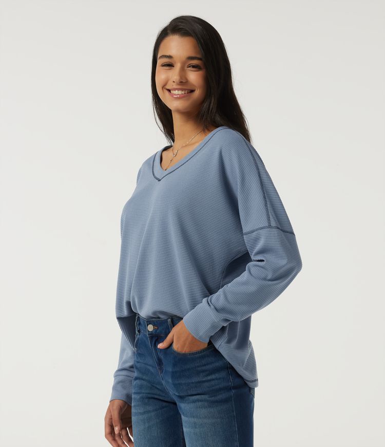 V Neck Long Sleeve Waffle Casual T-Shirt
