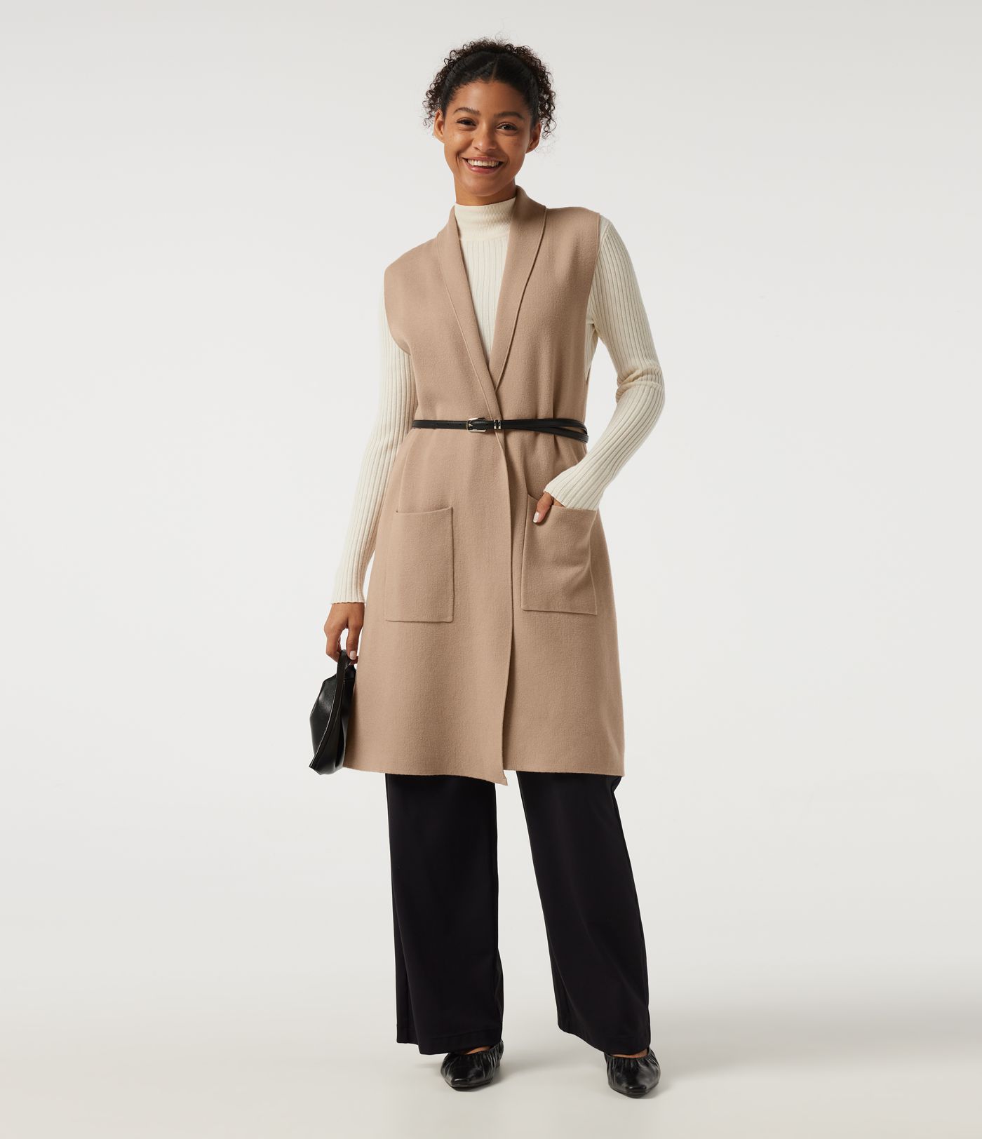 Cardigan long sans manches, ouvert sur le devant, avec poches