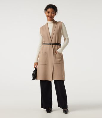 Cardigan long sans manches, ouvert sur le devant, avec poches