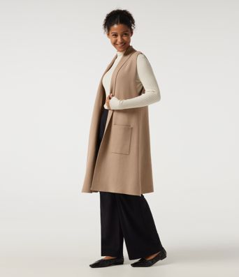 Cardigan long sans manches, ouvert sur le devant, avec poches