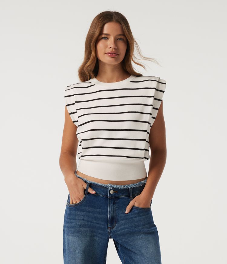 Round Neck Sleeveless Stripe Work Sweater