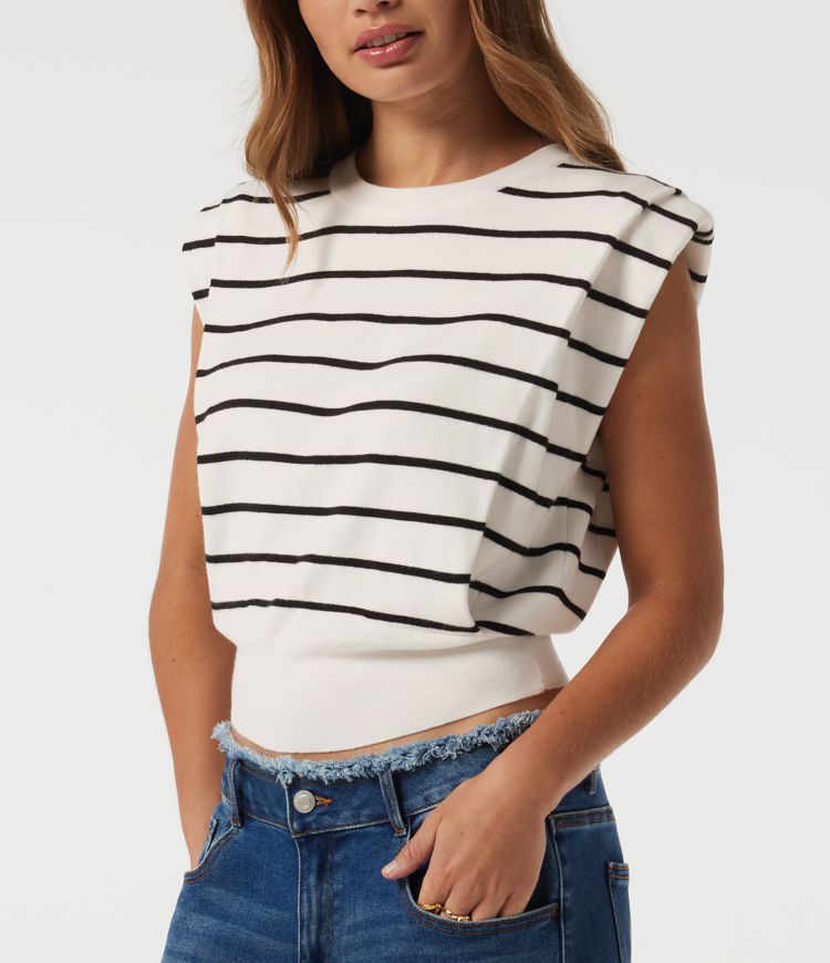 Round Neck Sleeveless Stripe Work Sweater