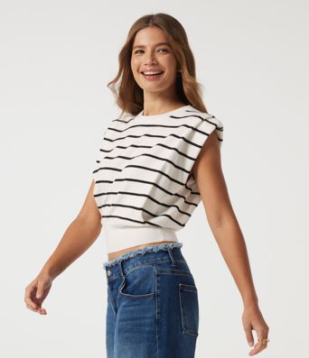 Round Neck Sleeveless Stripe Work Sweater