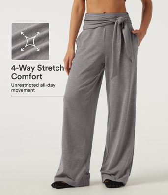 Mid Rise Straight Leg Tie Front Wrapped Yoga Pants with Pockets Mid Rise Straight Leg Tie Front Wrapped Yoga Pants with Pockets