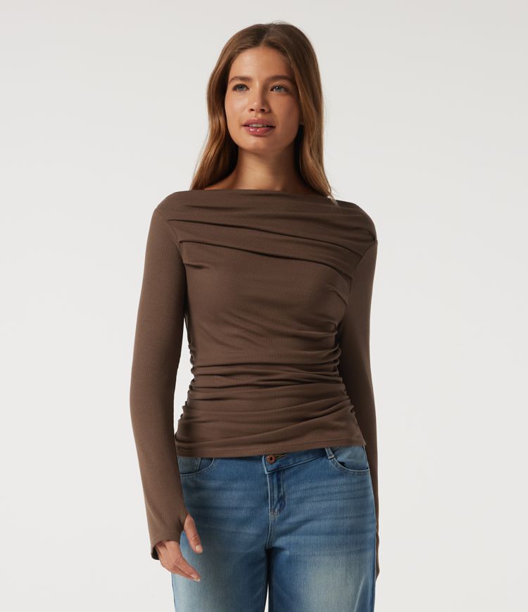 Schulterfreies, langärmliges Casual-Top mit Daumenlöchern Schulterfreies, langärmliges Casual-Top mit Daumenlöchern
