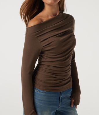 Schulterfreies, langärmliges Casual-Top mit Daumenlöchern Schulterfreies, langärmliges Casual-Top mit Daumenlöchern