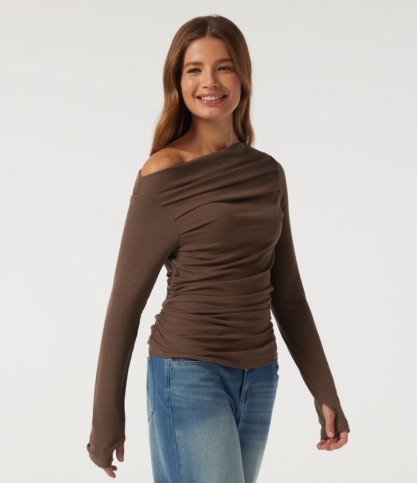 Schulterfreies, langärmliges Casual-Top mit Daumenlöchern Schulterfreies, langärmliges Casual-Top mit Daumenlöchern