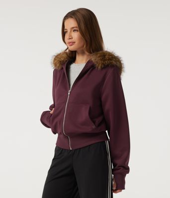 Full-Zip Casual Sweatshirt with Detachable Faux Fur Trimmed Hood and ThumbHoles and Pockets Full-Zip Casual Sweatshirt with Detachable Faux Fur Trimmed Hood and ThumbHoles and Pockets