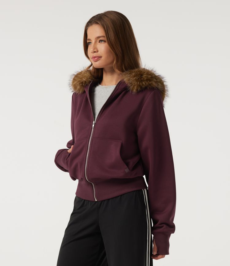 Full-Zip Casual Sweatshirt with Detachable Faux Fur Trimmed Hood and ThumbHoles and Pockets Full-Zip Casual Sweatshirt with Detachable Faux Fur Trimmed Hood and ThumbHoles and Pockets