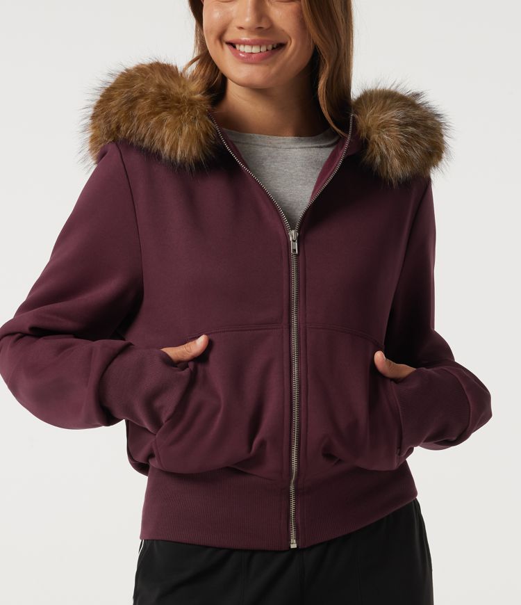 Full-Zip Casual Sweatshirt with Detachable Faux Fur Trimmed Hood and ThumbHoles and Pockets Full-Zip Casual Sweatshirt with Detachable Faux Fur Trimmed Hood and ThumbHoles and Pockets