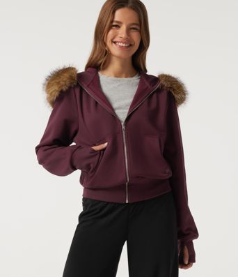 Full-Zip Casual Sweatshirt with Detachable Faux Fur Trimmed Hood and ThumbHoles and Pockets Full-Zip Casual Sweatshirt with Detachable Faux Fur Trimmed Hood and ThumbHoles and Pockets