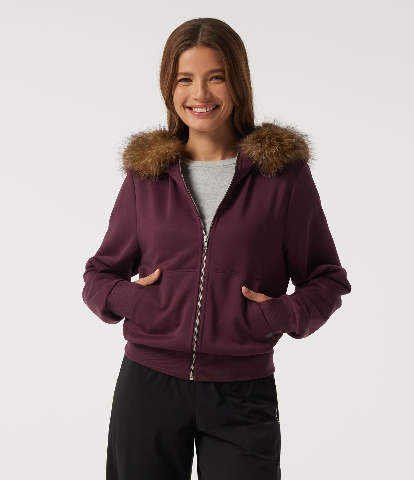 Full-Zip Casual Sweatshirt with Detachable Faux Fur Trimmed Hood and ThumbHoles and Pockets Full-Zip Casual Sweatshirt with Detachable Faux Fur Trimmed Hood and ThumbHoles and Pockets