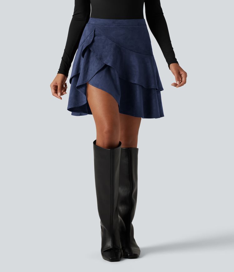 High Waisted Tiered Ruffle Hem 2-in-1 Longer Mini Suede Casual Skirt with Pocket