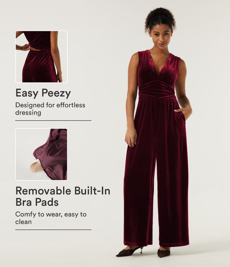 V Neck Ruched Wide Leg Velvet Party Jumpsuit with Built-in Bra and Pockets -Easy Peezy Edition