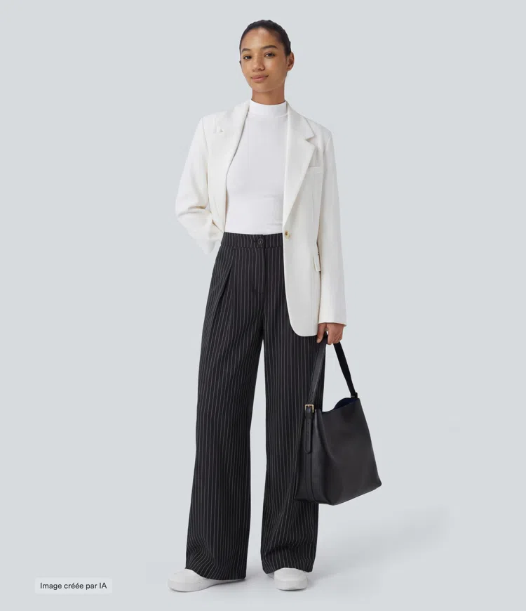 Noir Pantalon Tailleur Large Fluide à Rayures, Taille Haute, Bouton et Fermeture Éclair, Poches Latérales / 2
