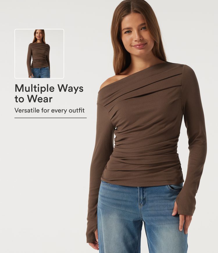 Schulterfreies, langärmliges Casual-Top mit Daumenlöchern Schulterfreies, langärmliges Casual-Top mit Daumenlöchern