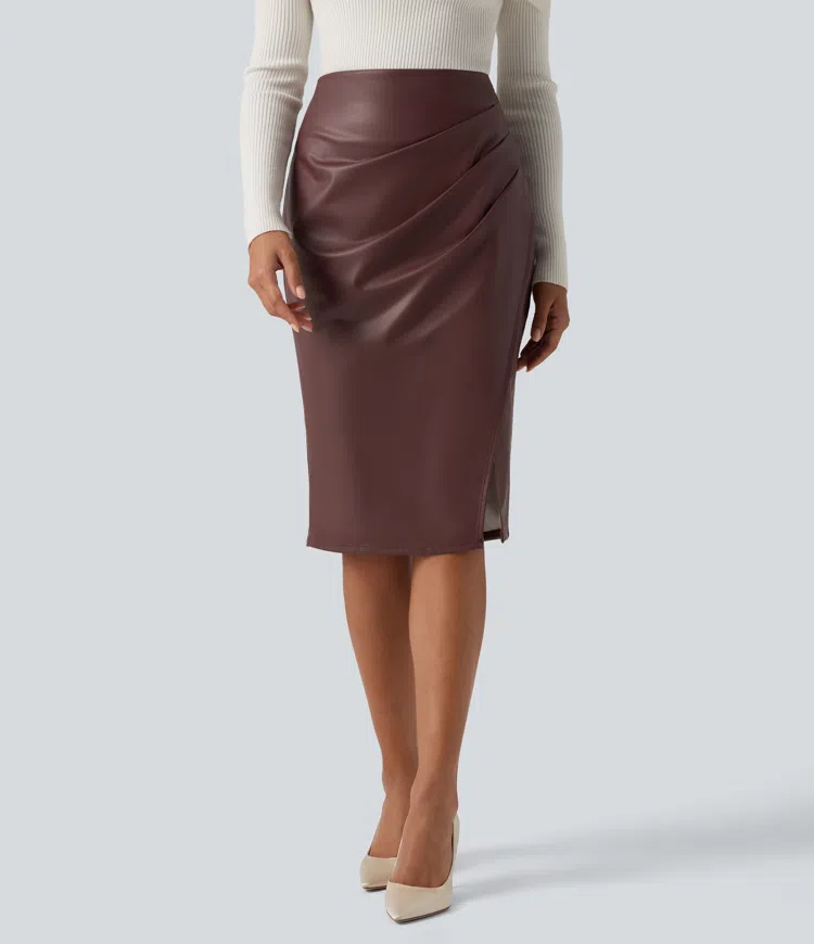 HIgh Waisted Asymmetric Ruched Slit Hem Fleece Midi PU Leather Party Skirt