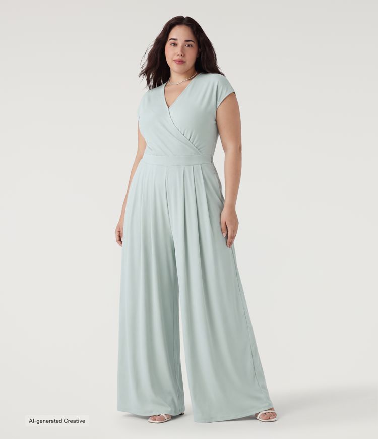 Lässiger, fließender Jumpsuit mit V-Ausschnitt, Seitentaschen, kurzen Ärmeln, Waffelstoff und weitem Bein - Plus Size, Easy Peezy Edition