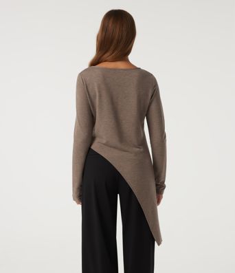 Boat Neck Long Sleeve Asymmetrical Hem Casual T-Shirt