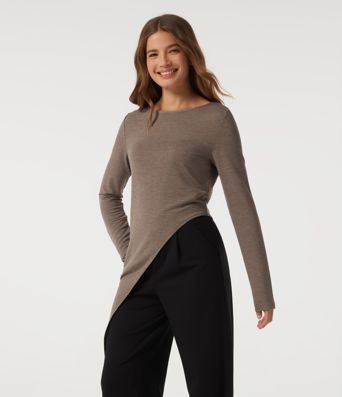 Boat Neck Long Sleeve Asymmetrical Hem Casual T-Shirt