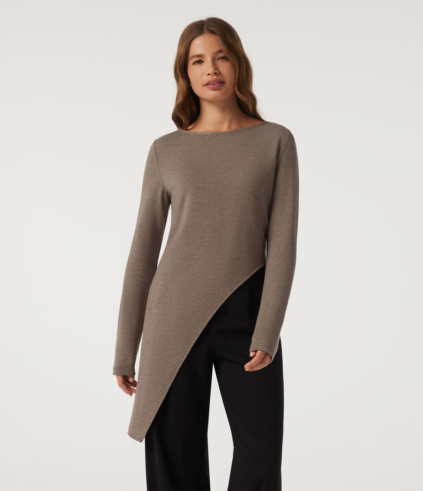 Boat Neck Long Sleeve Asymmetrical Hem Casual T-Shirt