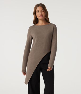 Boat Neck Long Sleeve Asymmetrical Hem Casual T-Shirt