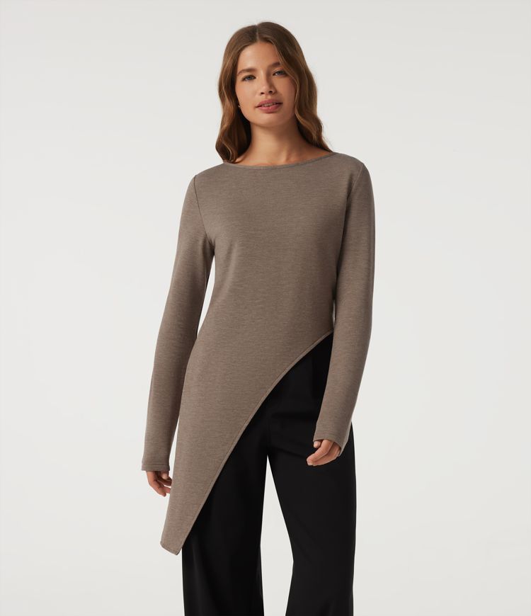 Boat Neck Long Sleeve Asymmetrical Hem Casual T-Shirt