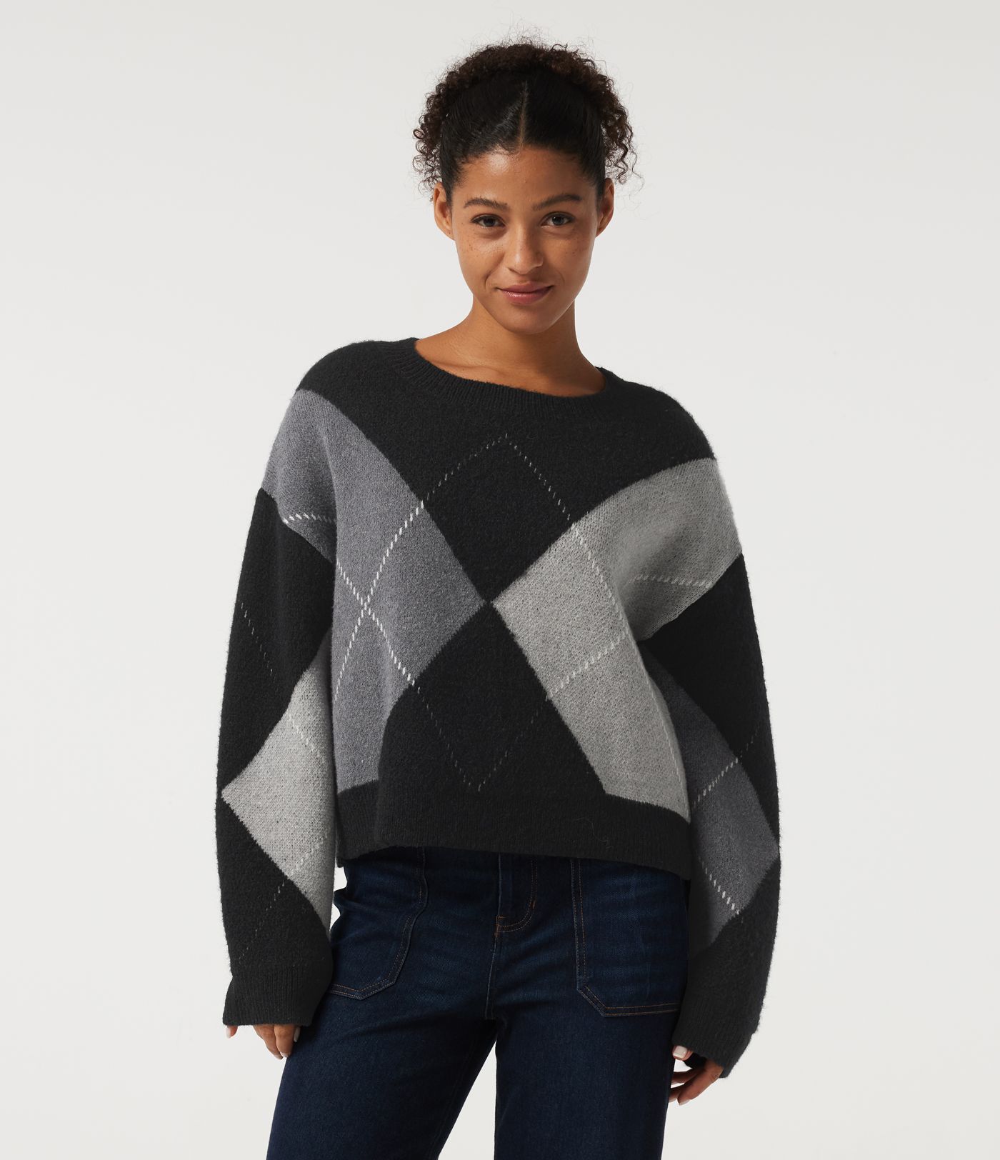 Round Neck Long Sleeve Plaid Casual Sweater Round Neck Long Sleeve Plaid Casual Sweater